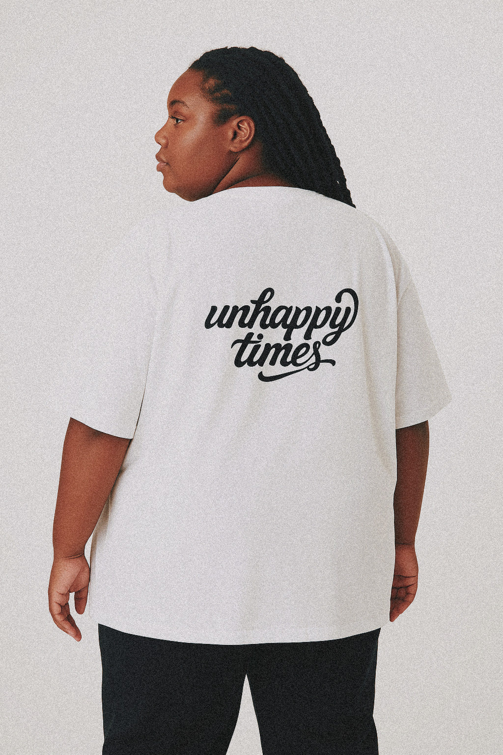 UNHAPPY AS DUCK UNISEX ORGANIC OVERSIZED HIGH NECK T-SHIRT (WHITE)