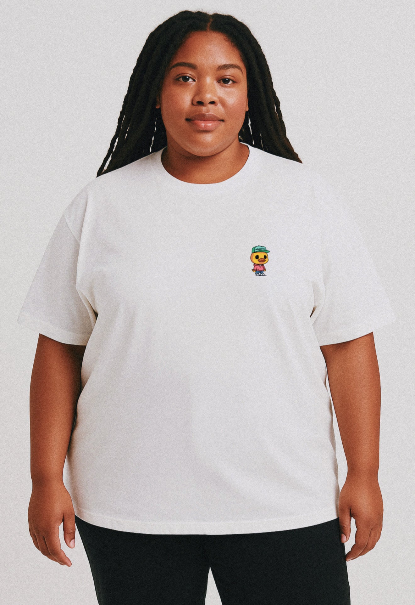 UNHAPPY AS DUCK UNISEX ORGANIC OVERSIZED HIGH NECK T-SHIRT (WHITE)