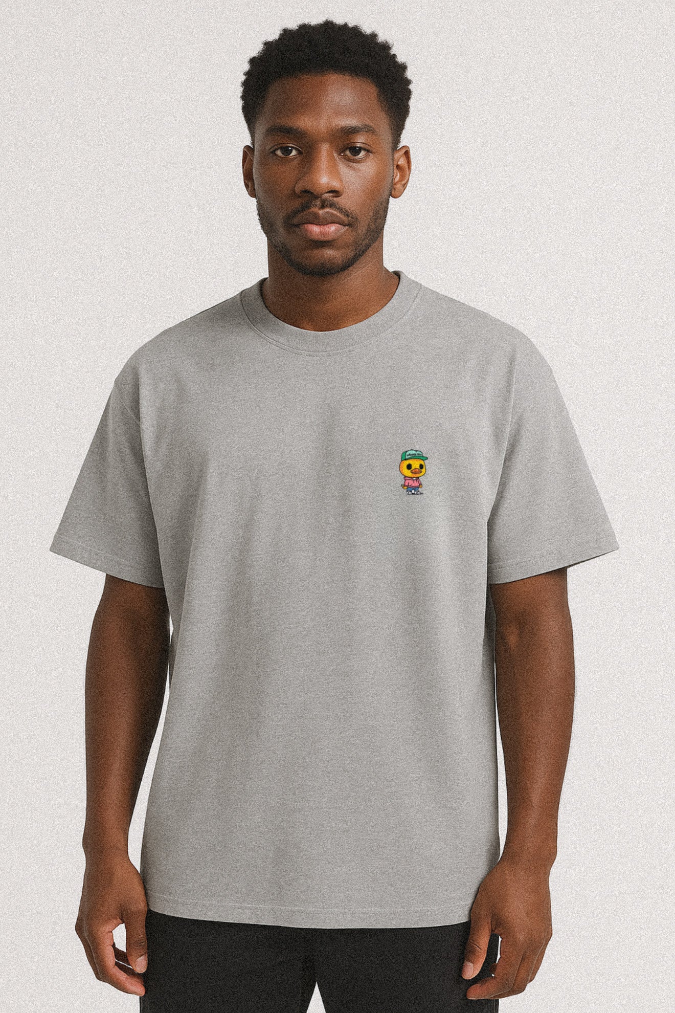 UNHAPPY AS DUCK UNISEX ORGANIC OVERSIZED HIGH NECK T-SHIRT (GREY)